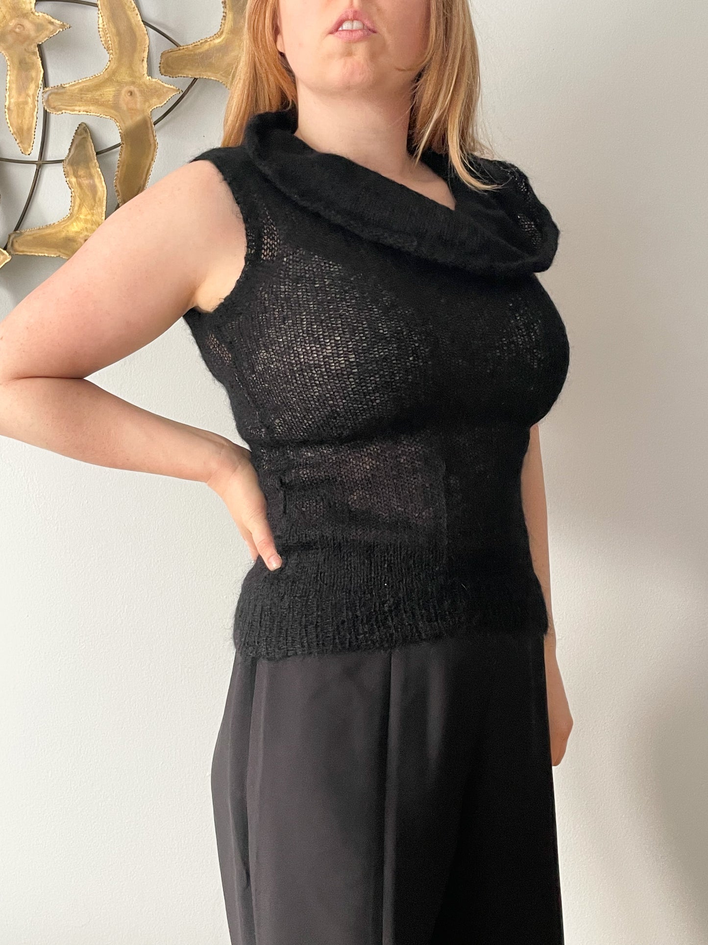 Lux Black Sheer Knit Cowl Neck Mohair Wool Sleeveless Sweater Top - XS/S