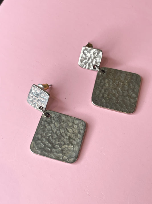 Silver Hammered Two Square Dangle Earrings