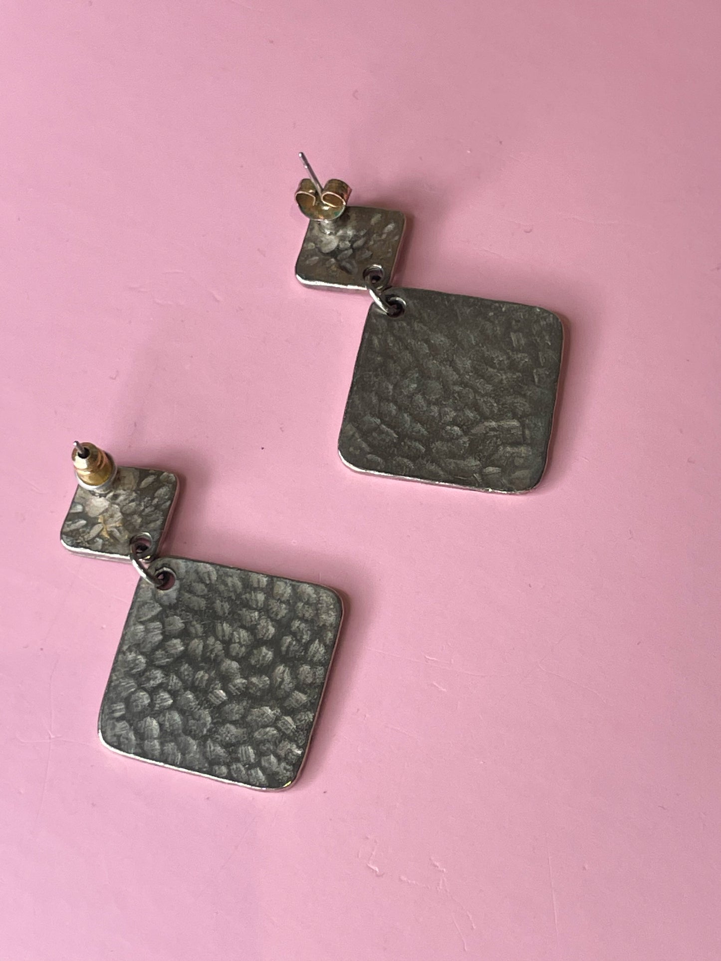 Silver Hammered Two Square Dangle Earrings