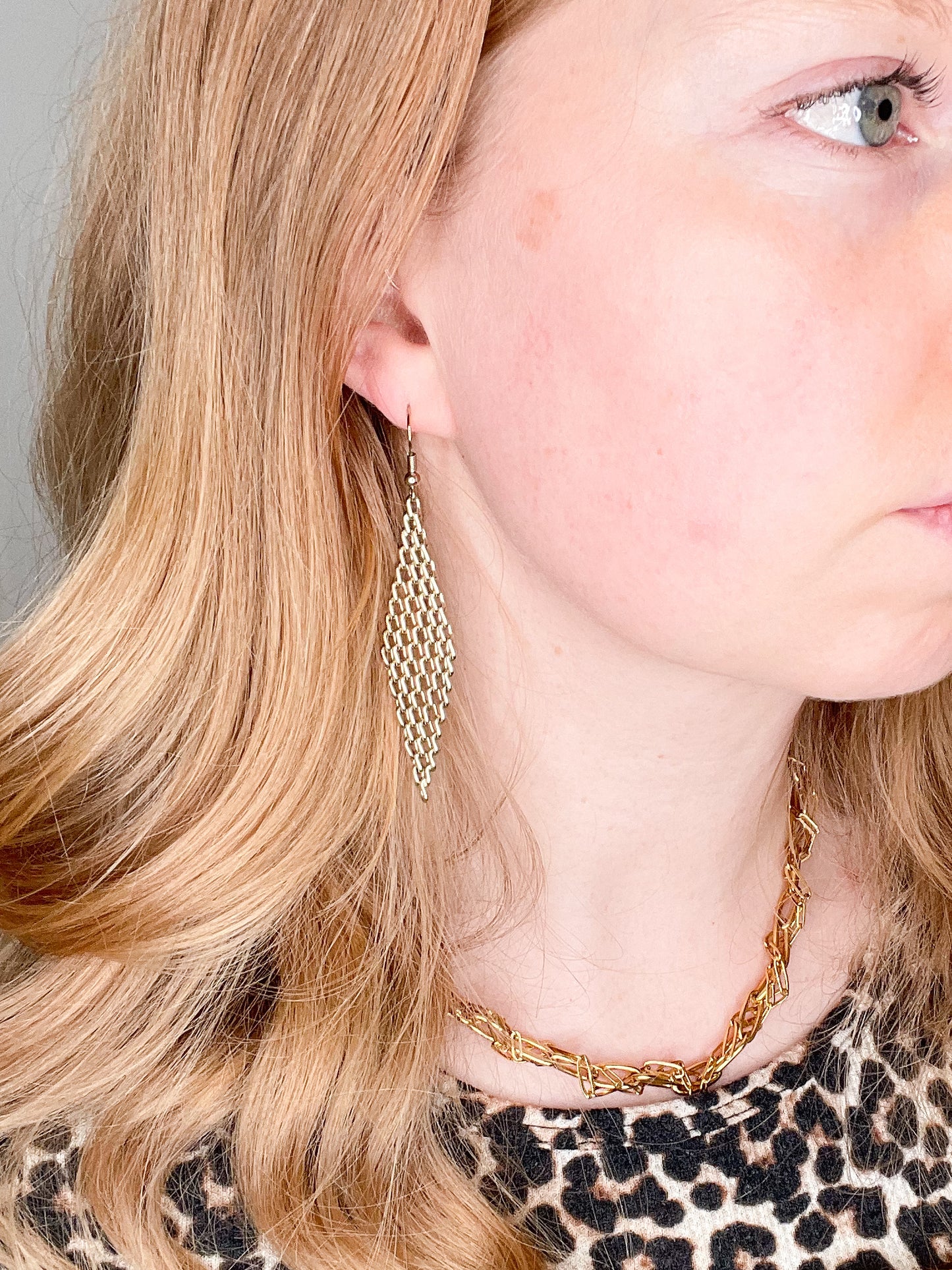 Gold Chainmail Diamond Dangle Earrings