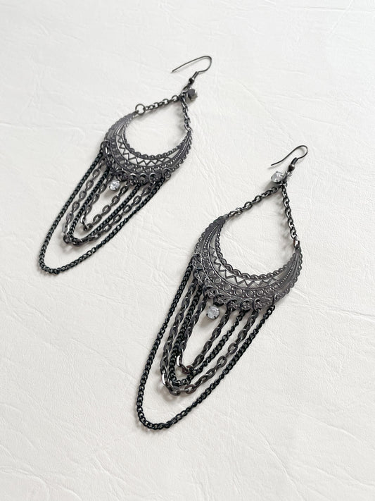 Pewter Dark Silver Chain Statement Dangle Earrings