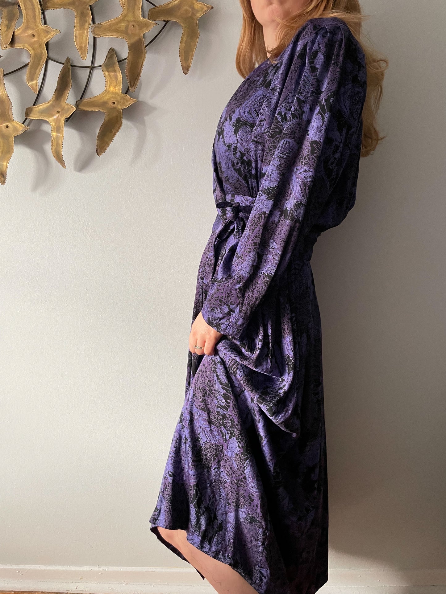 Vintage Principles Dark Purple Leaf Print Wrap Style Midi Dress - S/M/L