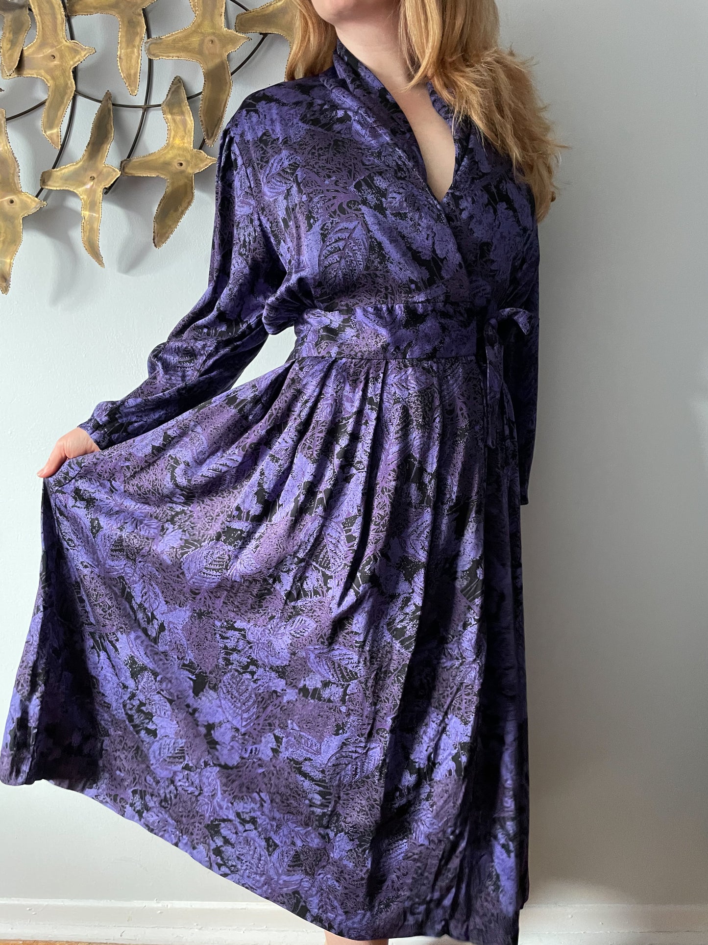 Vintage Principles Dark Purple Leaf Print Wrap Style Midi Dress - S/M/L