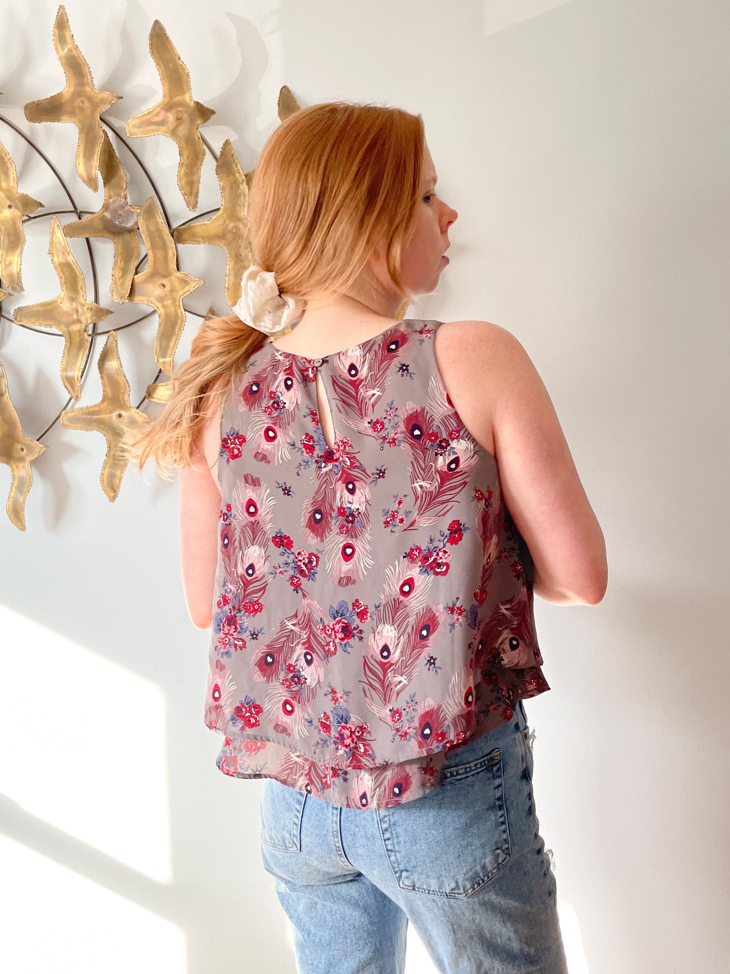 Loft Feather Floral Flutter Hem Sleeveless Top - Small Petite