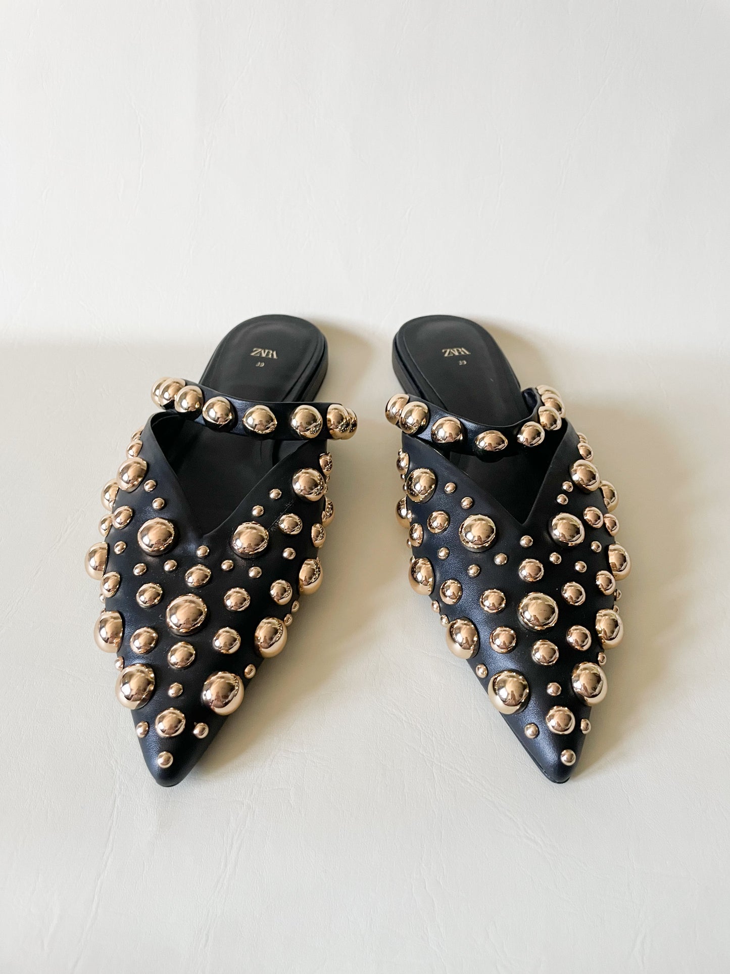 Zara Black Gold Studded Pointed Toe Slide On Flats - Size EU 39 / US 8