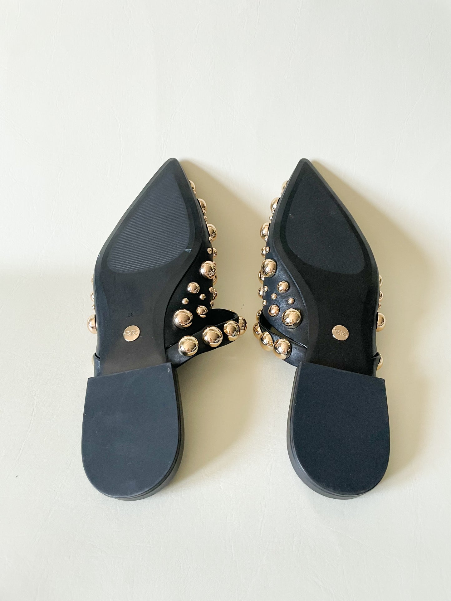 Zara Black Gold Studded Pointed Toe Slide On Flats - Size EU 39 / US 8