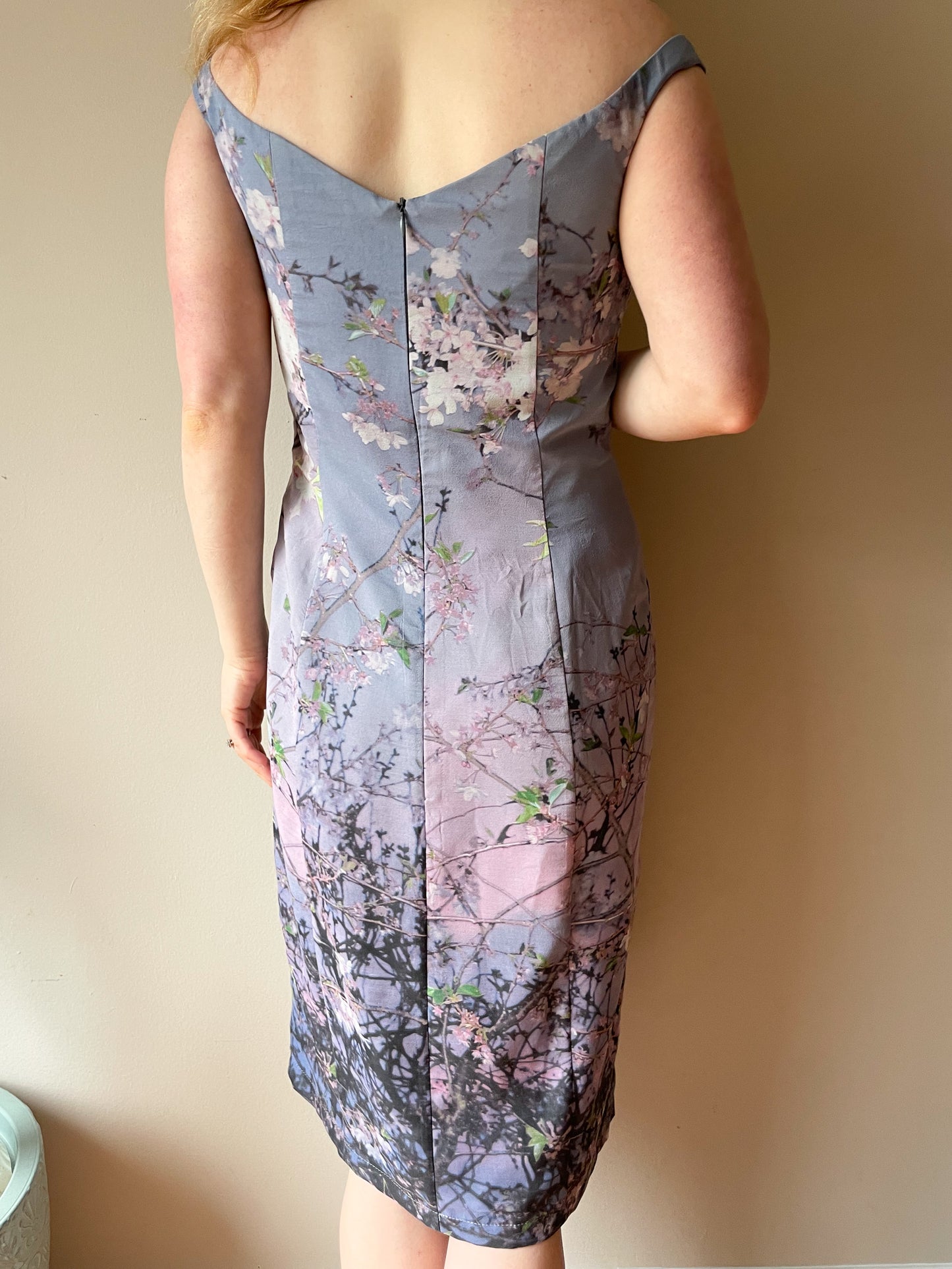 Pam Chorley's Fashion Crimes Lilac Cherry Blossom Off The Shoulder 100% Silk Dress - Medium