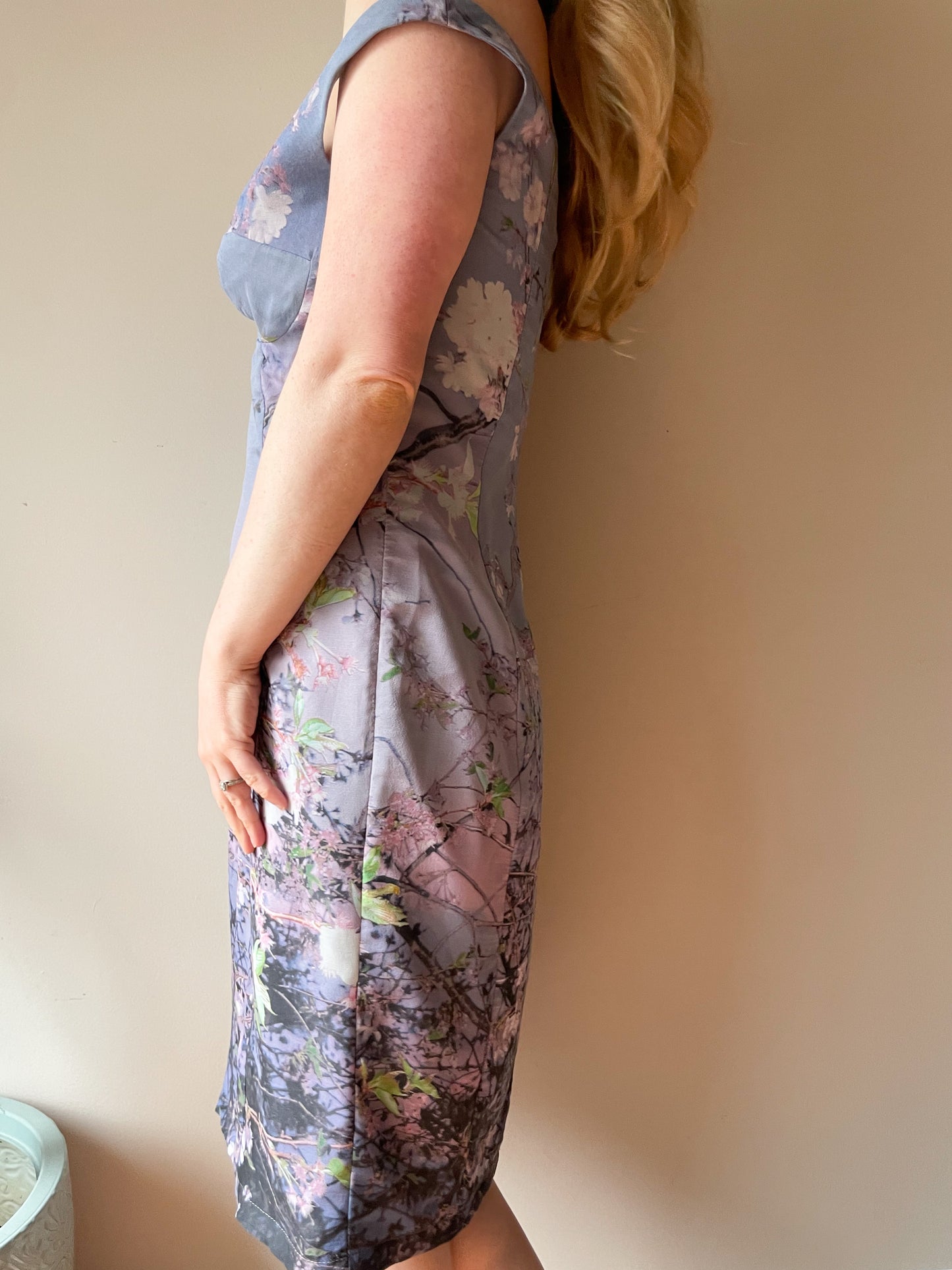 Pam Chorley's Fashion Crimes Lilac Cherry Blossom Off The Shoulder 100% Silk Dress - Medium