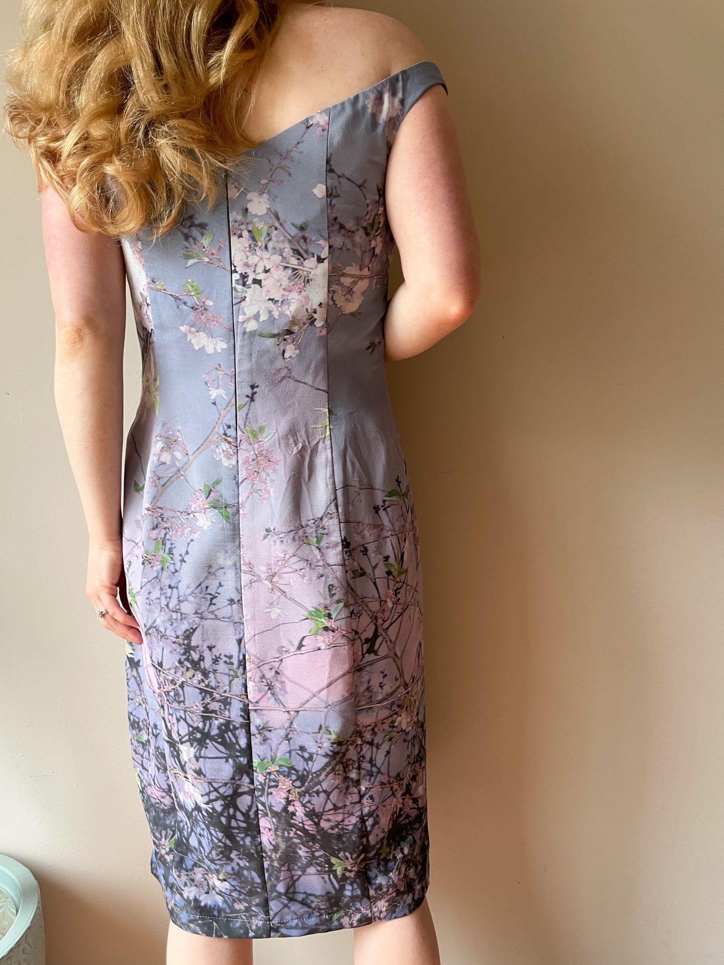 Pam Chorley's Fashion Crimes Lilac Cherry Blossom Off The Shoulder 100% Silk Dress - Medium