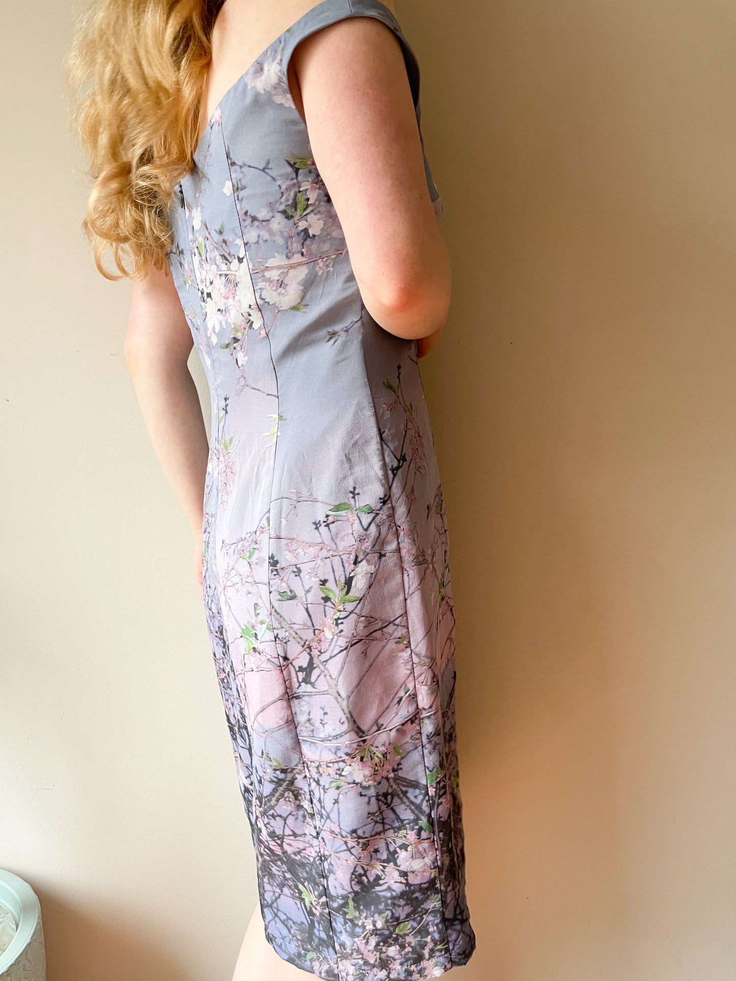 Pam Chorley's Fashion Crimes Lilac Cherry Blossom Off The Shoulder 100% Silk Dress - Medium