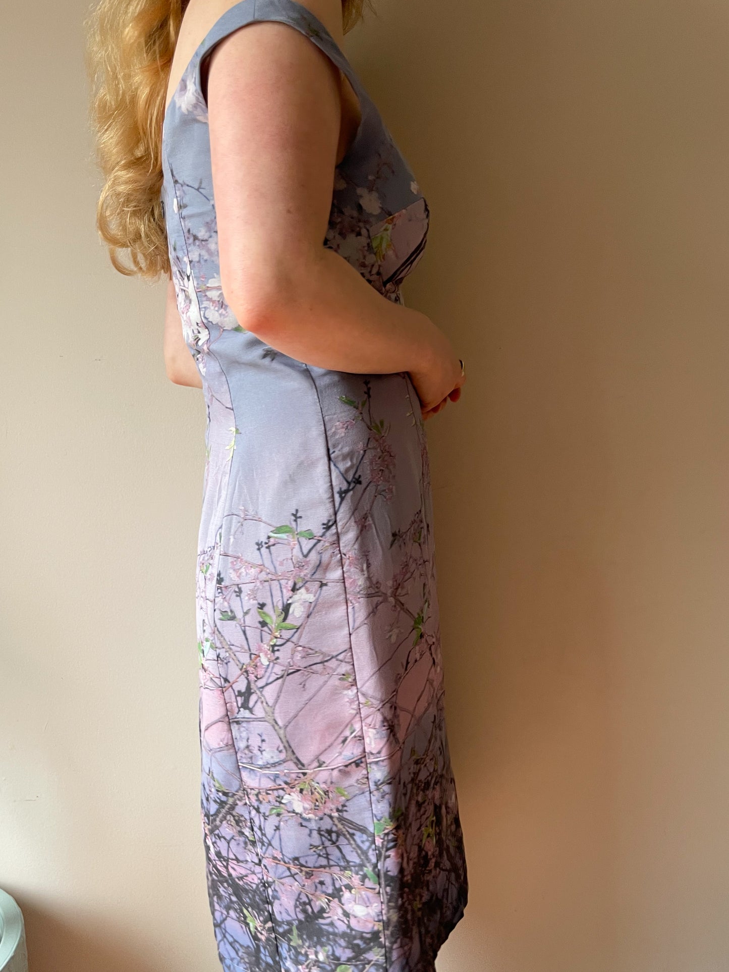 Pam Chorley's Fashion Crimes Lilac Cherry Blossom Off The Shoulder 100% Silk Dress - Medium