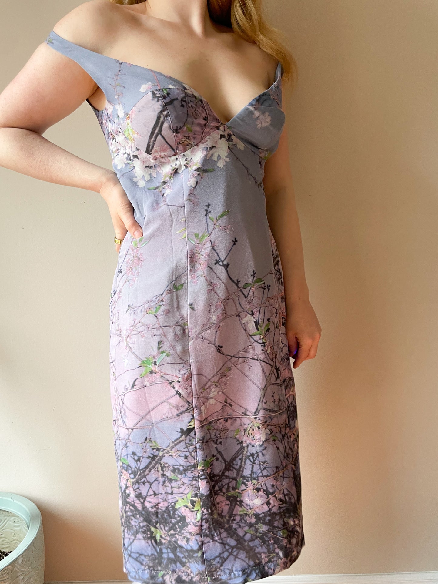 Pam Chorley's Fashion Crimes Lilac Cherry Blossom Off The Shoulder 100% Silk Dress - Medium