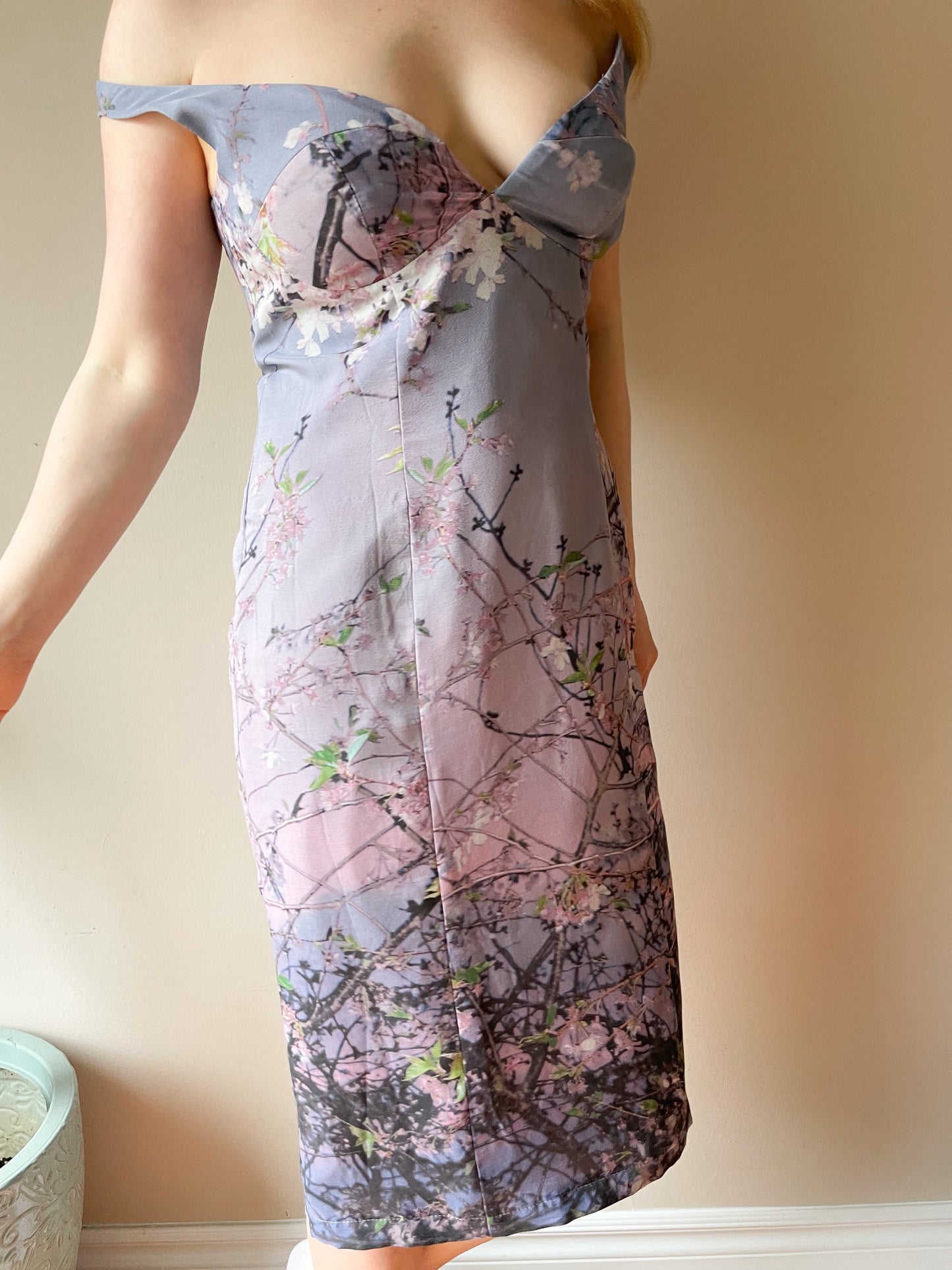 Pam Chorley's Fashion Crimes Lilac Cherry Blossom Off The Shoulder 100% Silk Dress - Medium