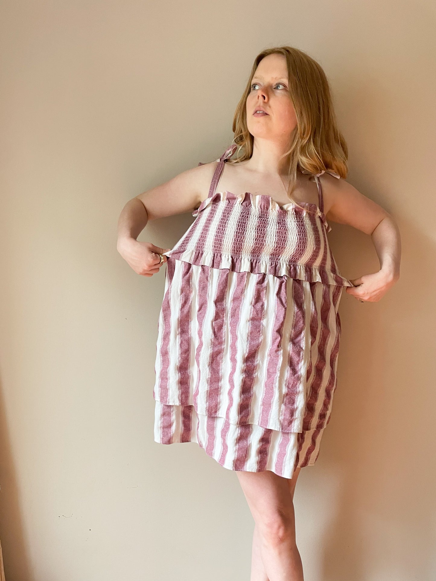 Calli Sunwashed Red Stripe Tiered Smocked Bow Strap Mini Dress - S-XL