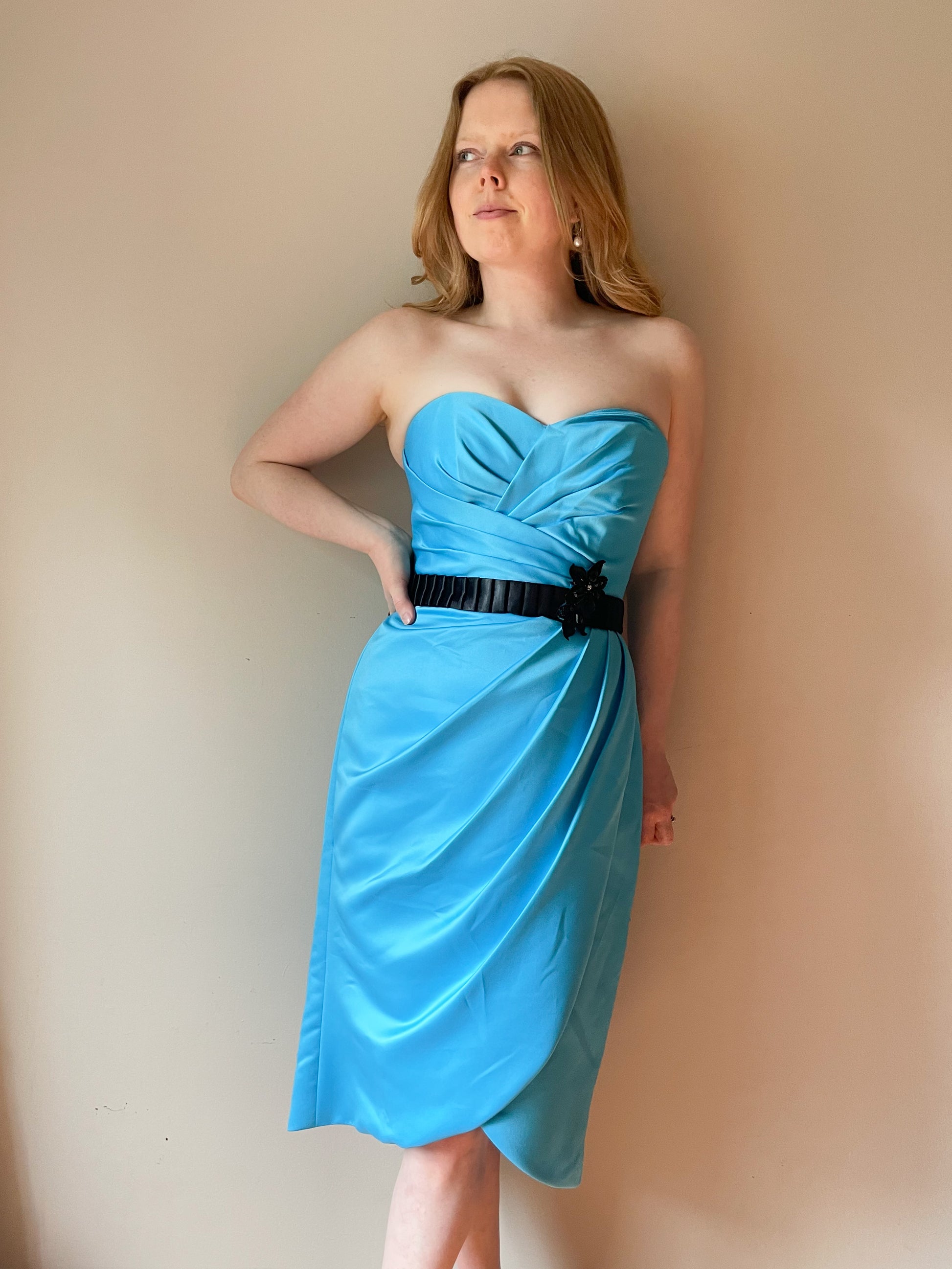 Morilee Blue Sweetheart Strapless Wrap Style Cocktail Dress - Size 6/8 Le Prix Fashion & Consulting Morilee Blue Sweetheart Strapless Wrap Style Cocktail Dress - Size 6/8 Le Prix Fashion & Consulting