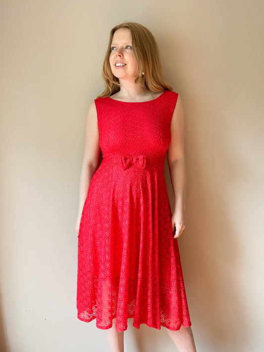Red Lace Swingy Hem Bow Midi Dress - S/M