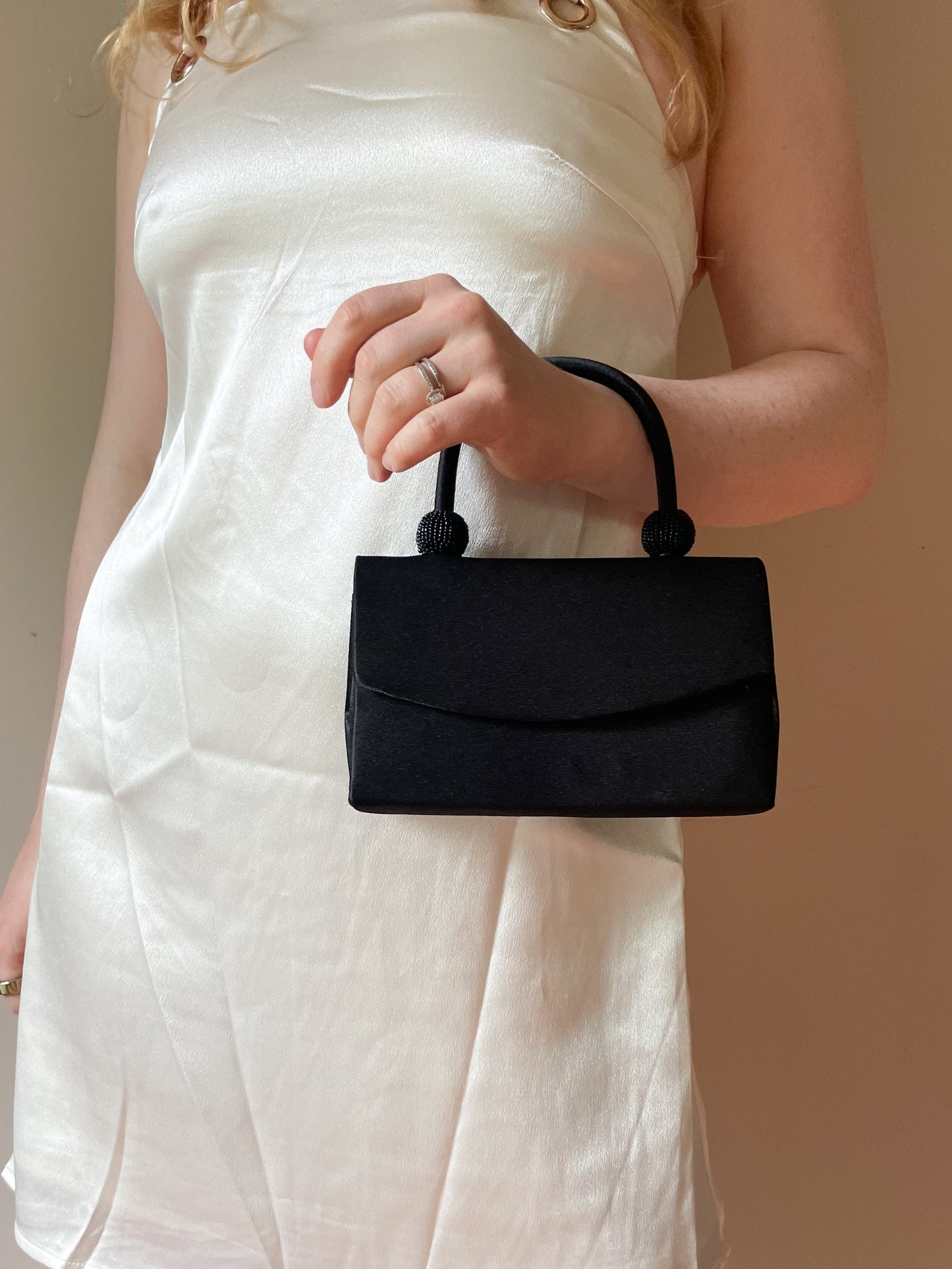 Vintage Black Satin Beaded Structured 2-in-1 Handbag Evening Purse
