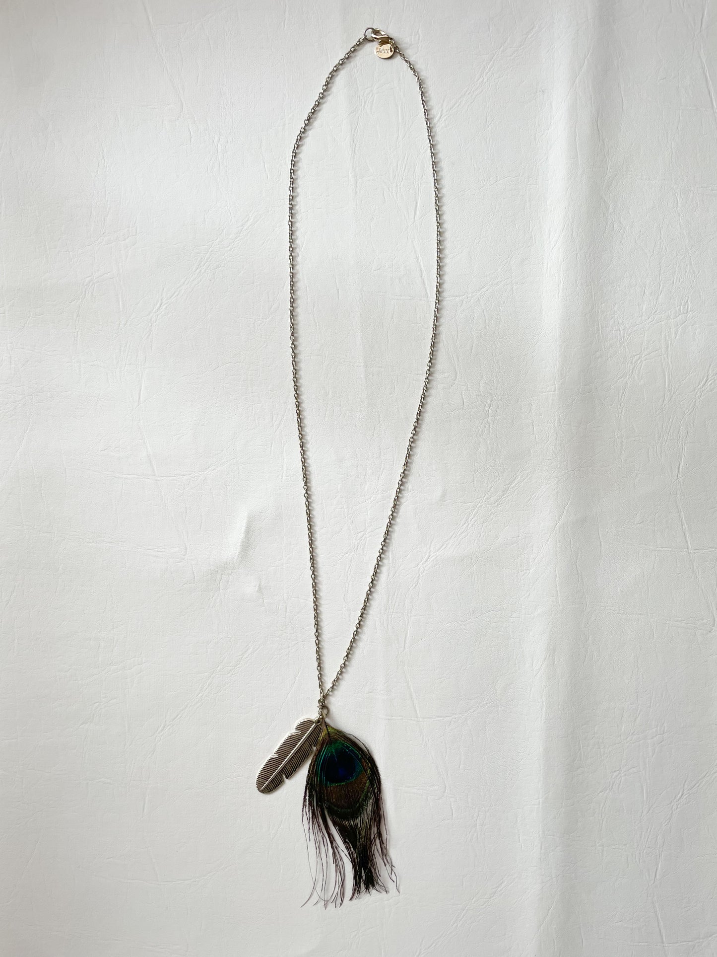 Boho Peacock Feather & Metal Charm Necklace – Silver-Tone Chain