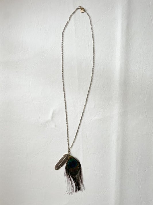 Boho Peacock Feather & Metal Charm Necklace – Silver-Tone Chain