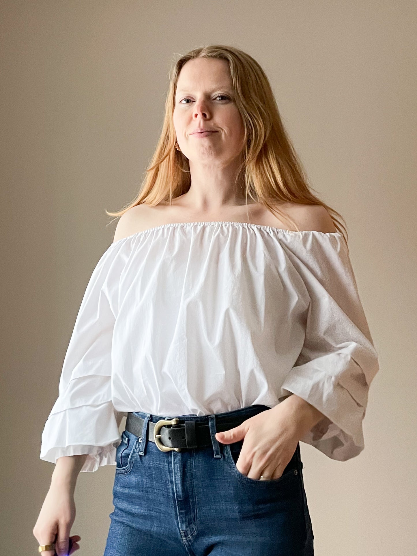 Grand & Greene White Off-Shoulder Ruffle Sleeve Blouse – Cotton Blend - Size Large