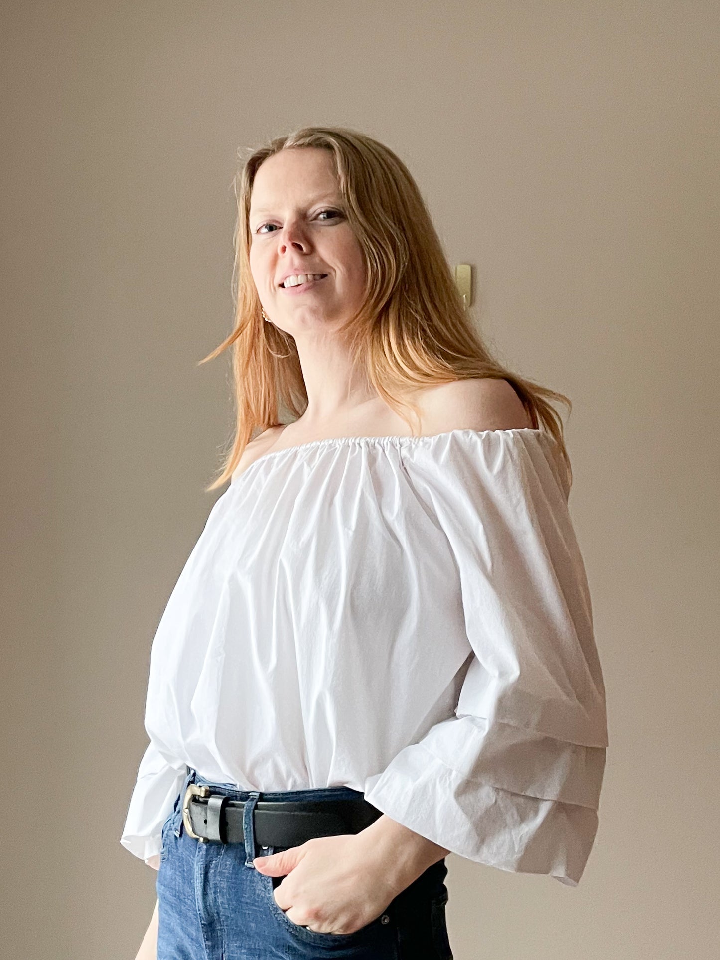 Grand & Greene White Off-Shoulder Ruffle Sleeve Blouse – Cotton Blend - Size Large