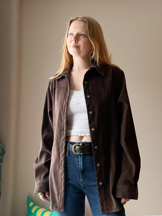Outline Vintage Chocolate Brown Faux Suede Button-Up Jacket – Relaxed Fit - Size 12