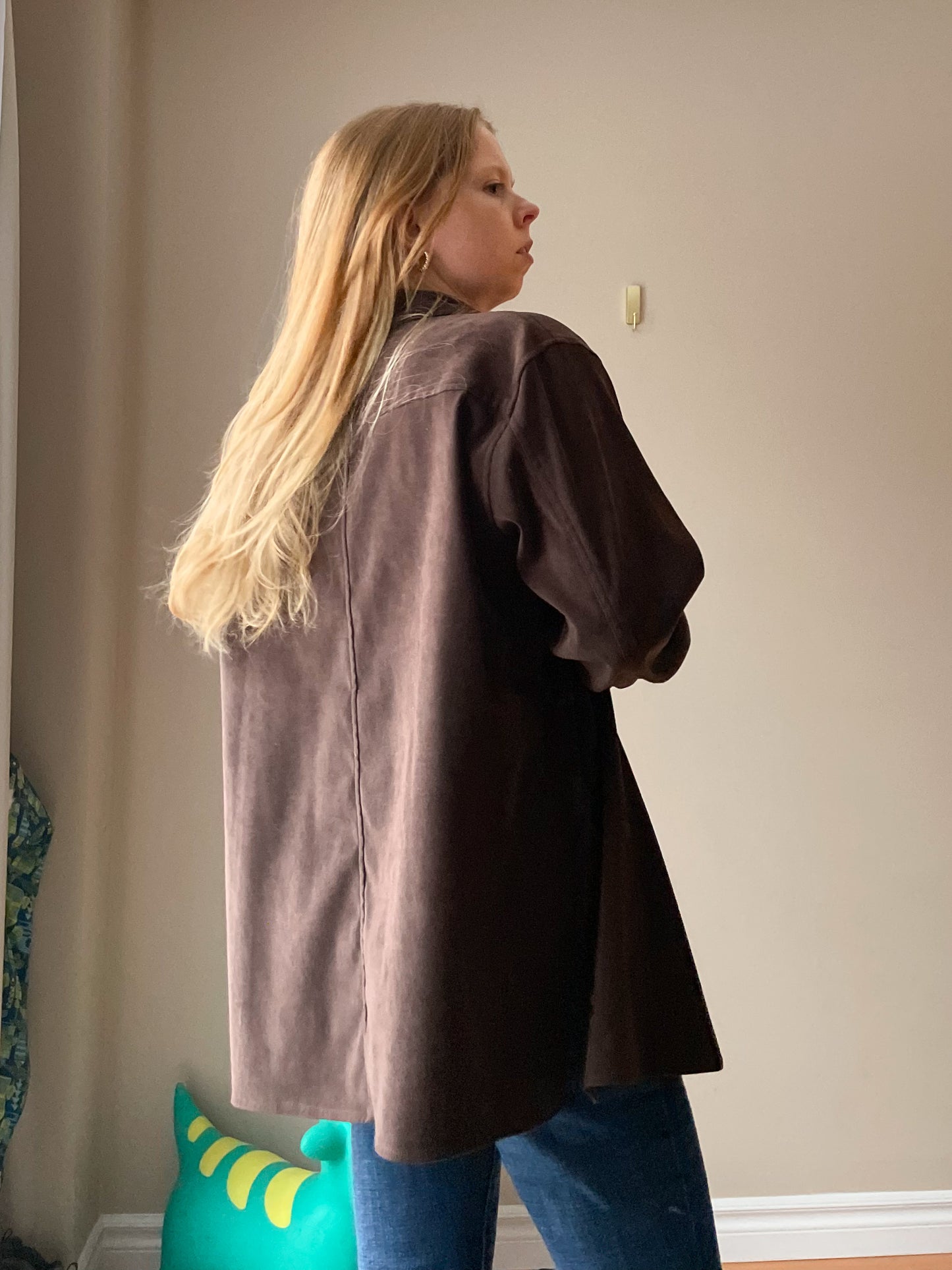 Outline Vintage Chocolate Brown Faux Suede Button-Up Jacket – Relaxed Fit - Size 12