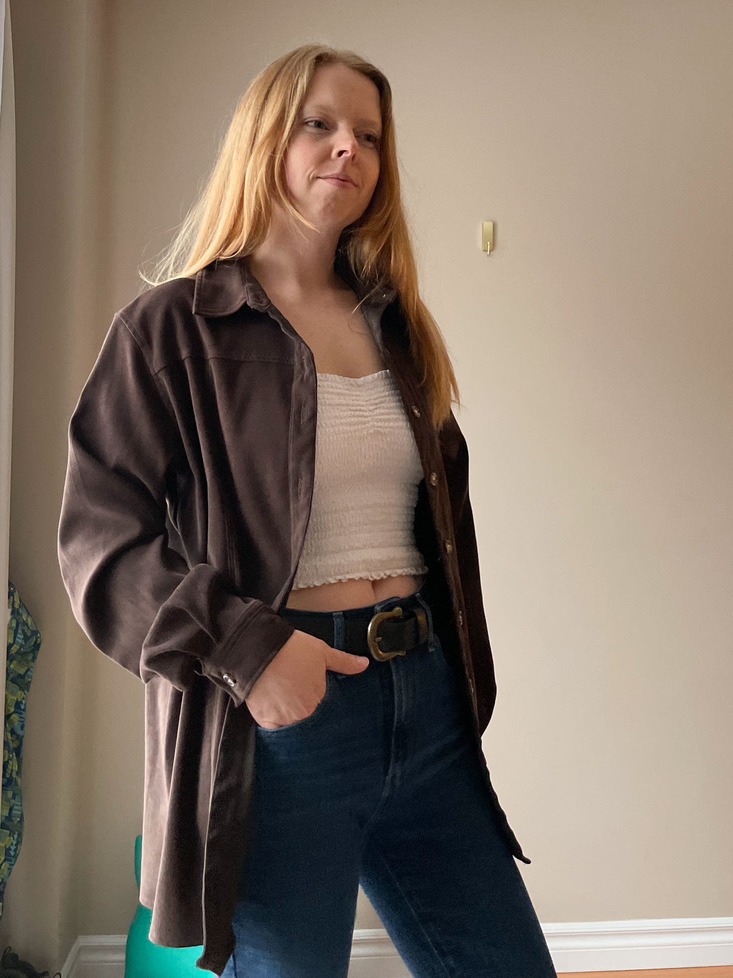 Outline Vintage Chocolate Brown Faux Suede Button-Up Jacket – Relaxed Fit - Size 12
