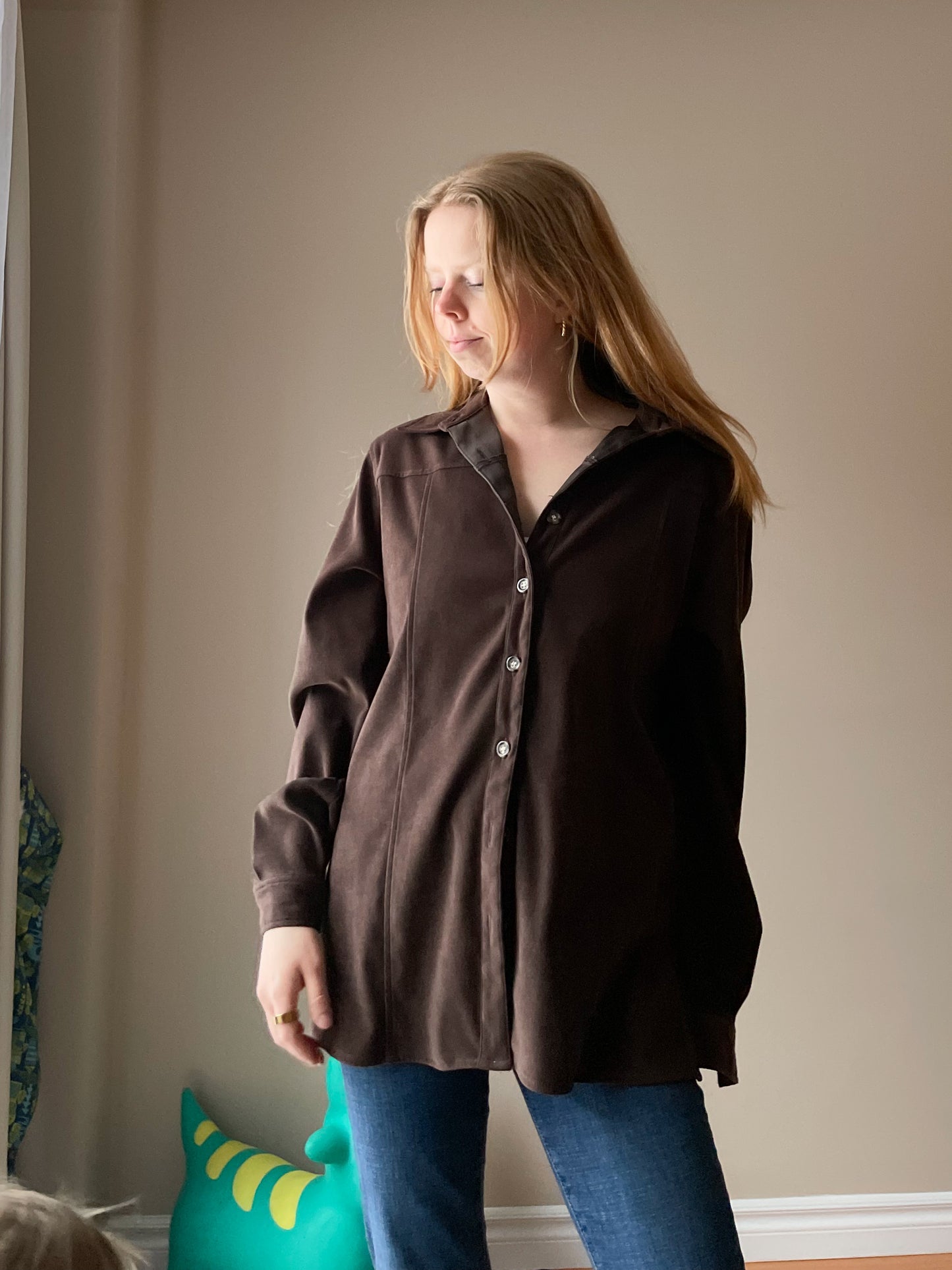 Outline Vintage Chocolate Brown Faux Suede Button-Up Jacket – Relaxed Fit - Size 12