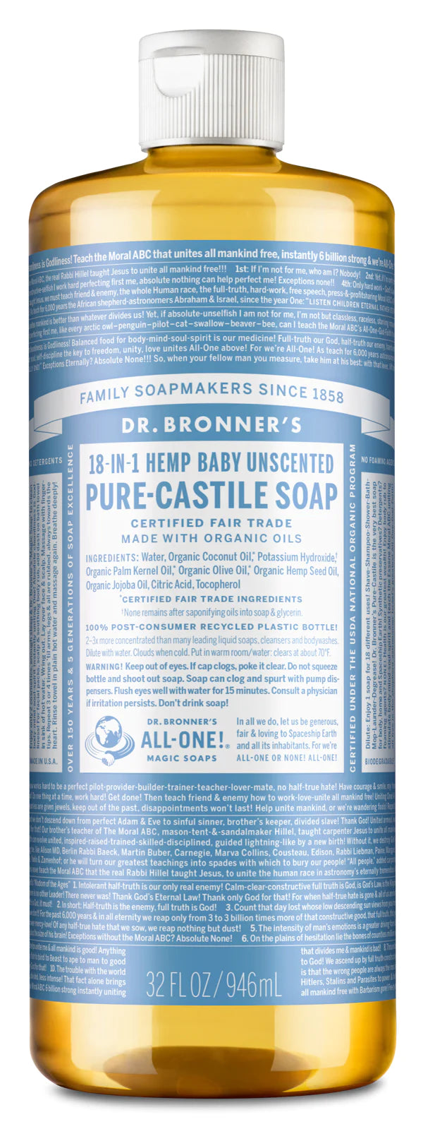 Unscented Baby - Dr. Bronner's Organic Pure Castile Liquid Soap - 946ml