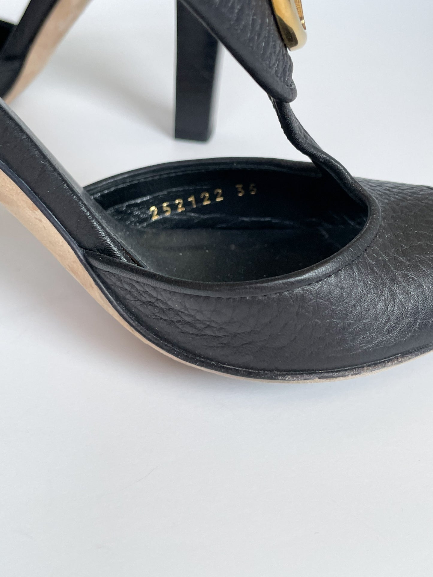GUCCI Black Genuine Leather Logo Peeptoe 4" Heels - Size 35