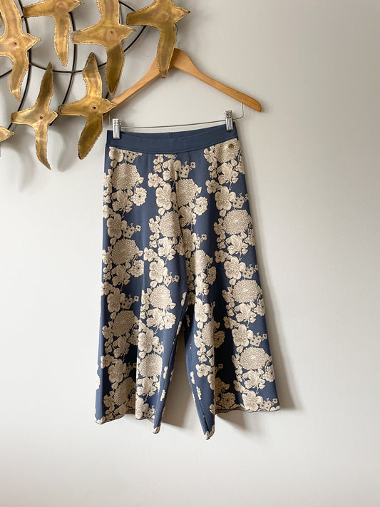 Falconeri Blue White Floral High Rise Wide Leg Cropped Culotte Pants - Small