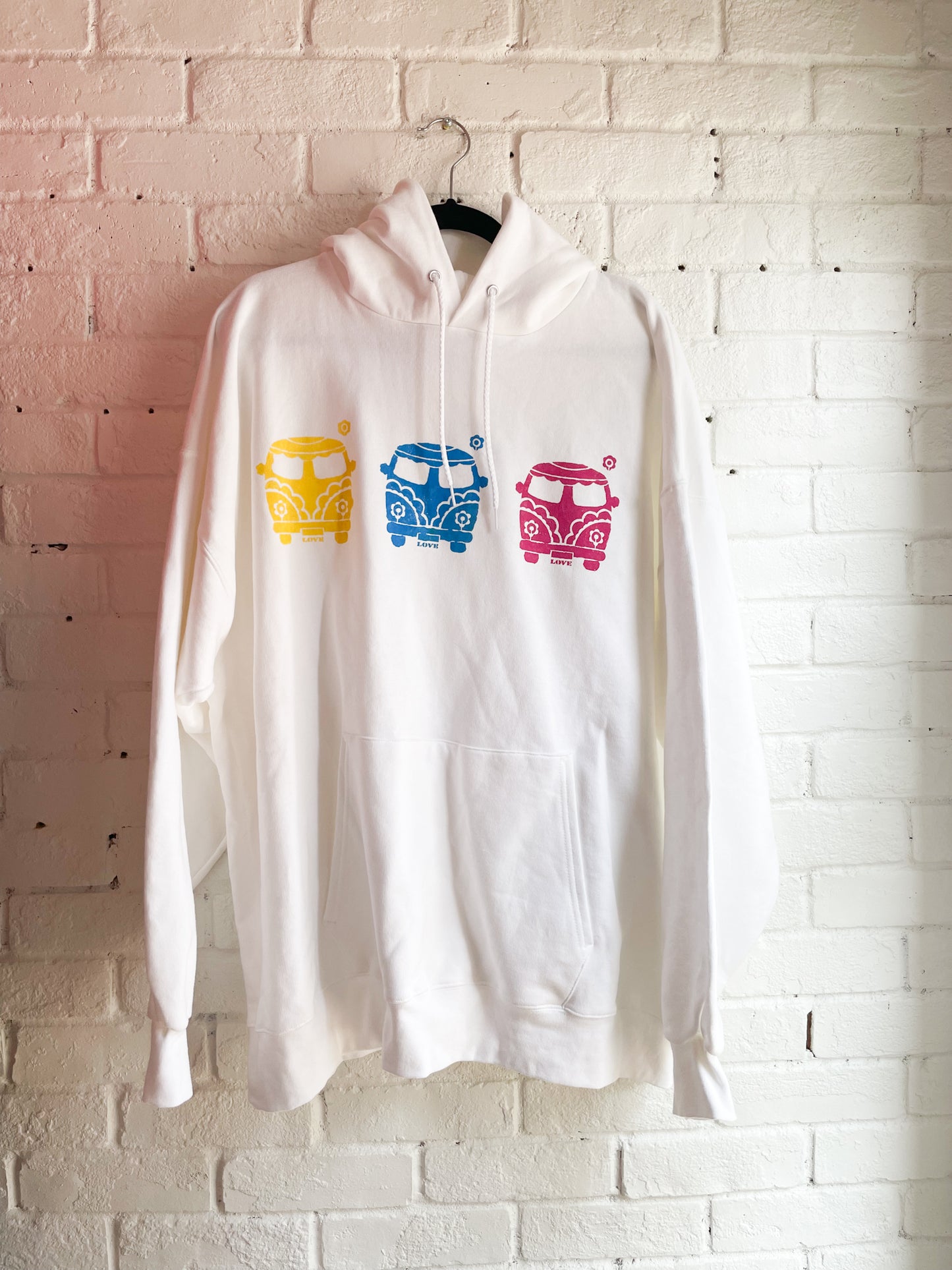 Upcycled Colourful Hippie Love Van White Hoodie Sweatshirt - 2X / 3X