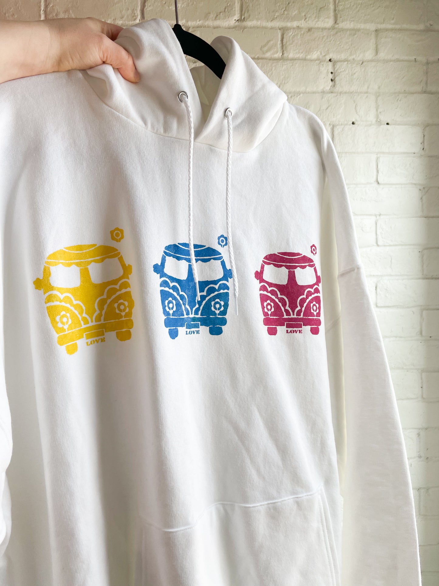 Upcycled Colourful Hippie Love Van White Hoodie Sweatshirt - 2X / 3X