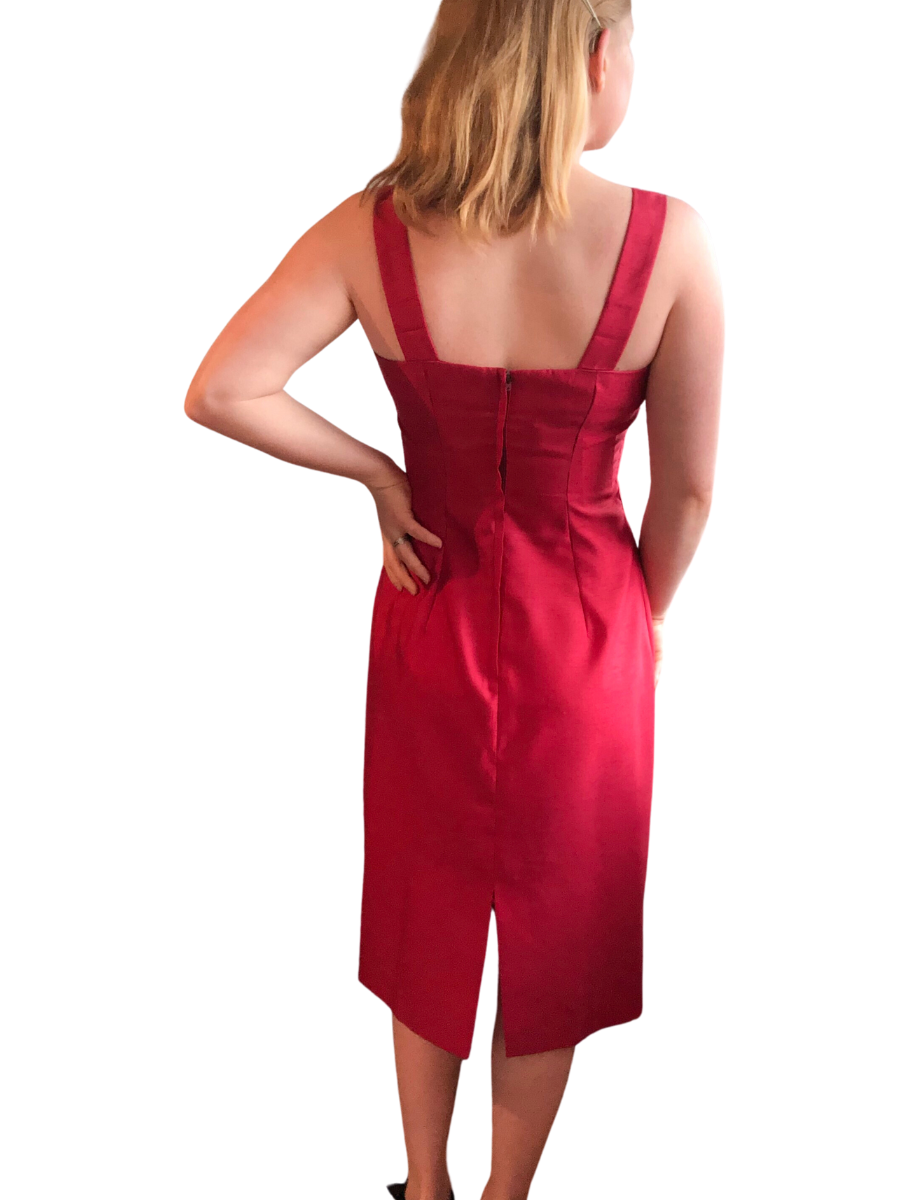 Vintage Red Satin Square Neckline Sheath Midi Dress - Small