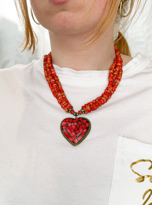 Red Beaded Heart Necklace