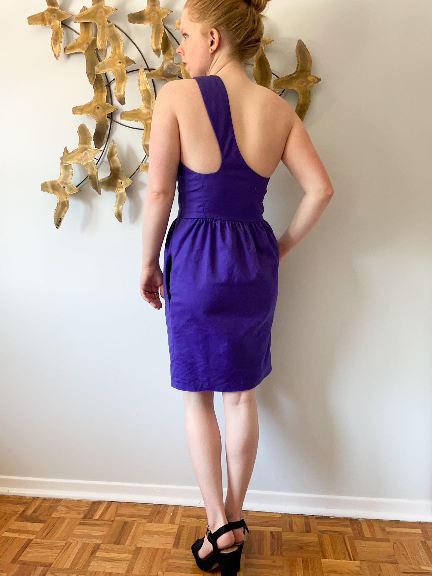 French Connection Purple Cotton Stretch One Shoulder Dress - Small
