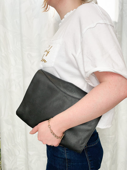 El-Minooche Black Genuine Leather Edgy Envelope Clutch Bag