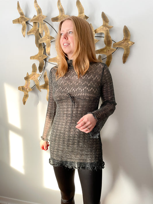 Lili la Tigresse Paris Knit Sheer Cutout Tunic Empire Waist Turtleneck Sweater Dress - XS/S