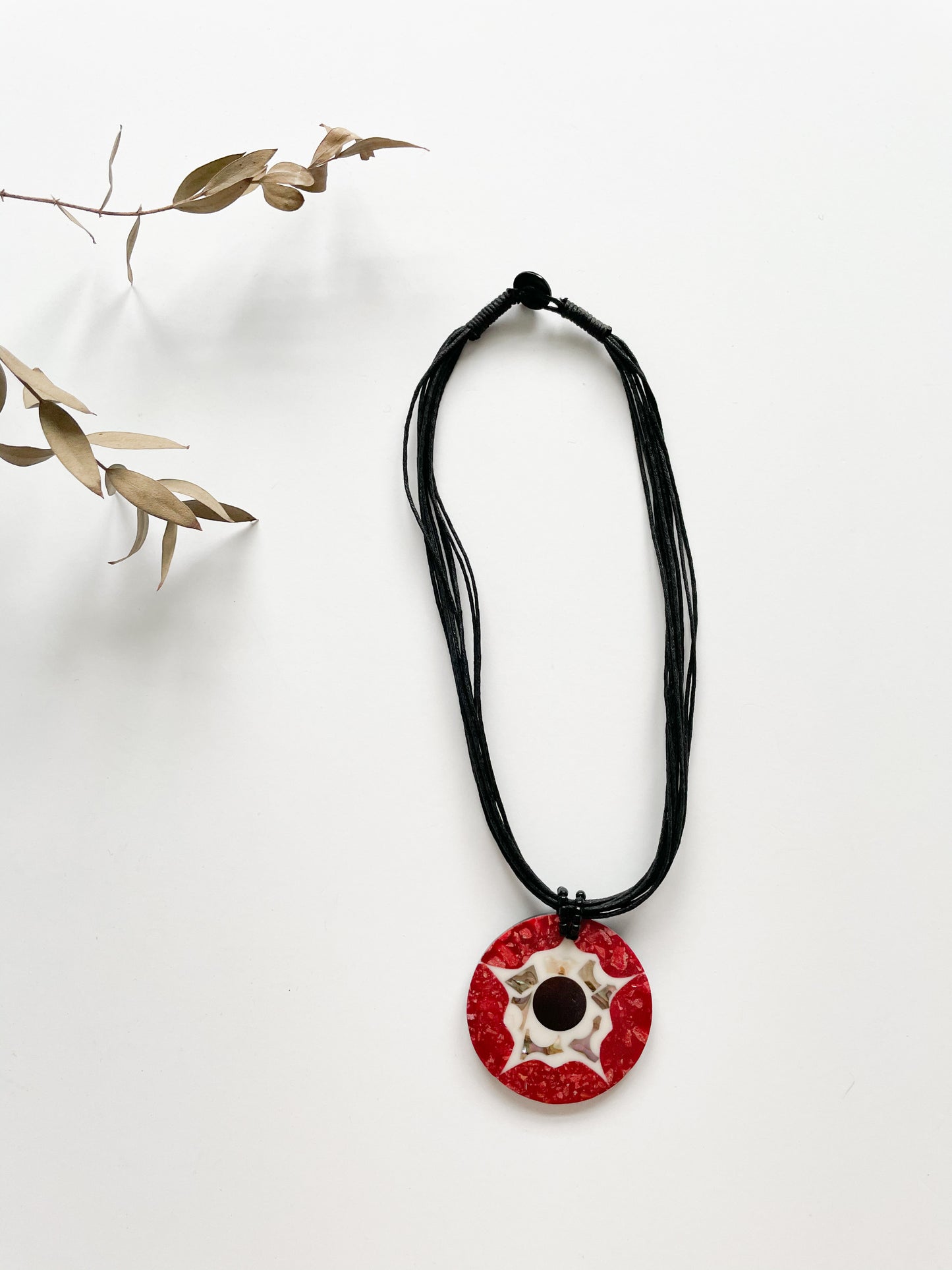 Black Cord & Red with Mother of Pearl Medallion Necklace