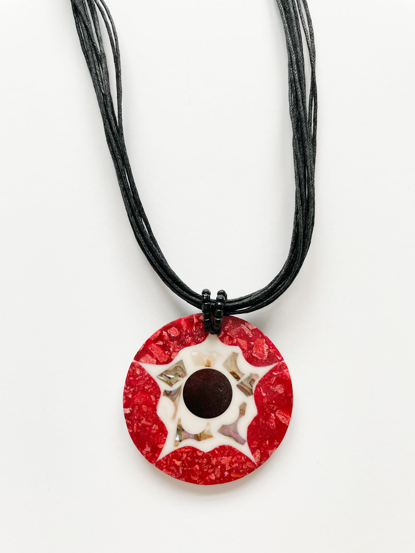Black Cord & Red with Mother of Pearl Medallion Necklace