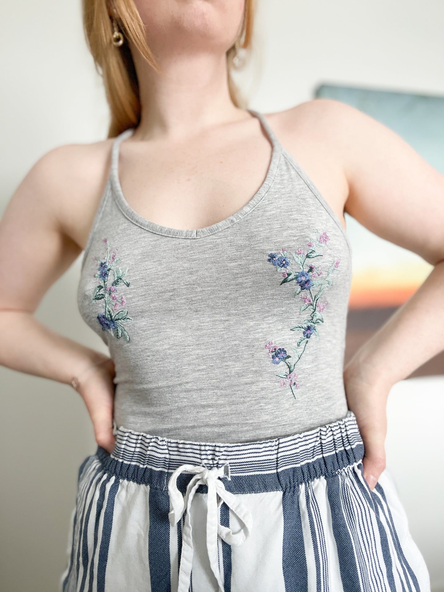 American Eagle Outfitters Grey Crisscross Open Back Floral Embroidered Bodysuit - S/M