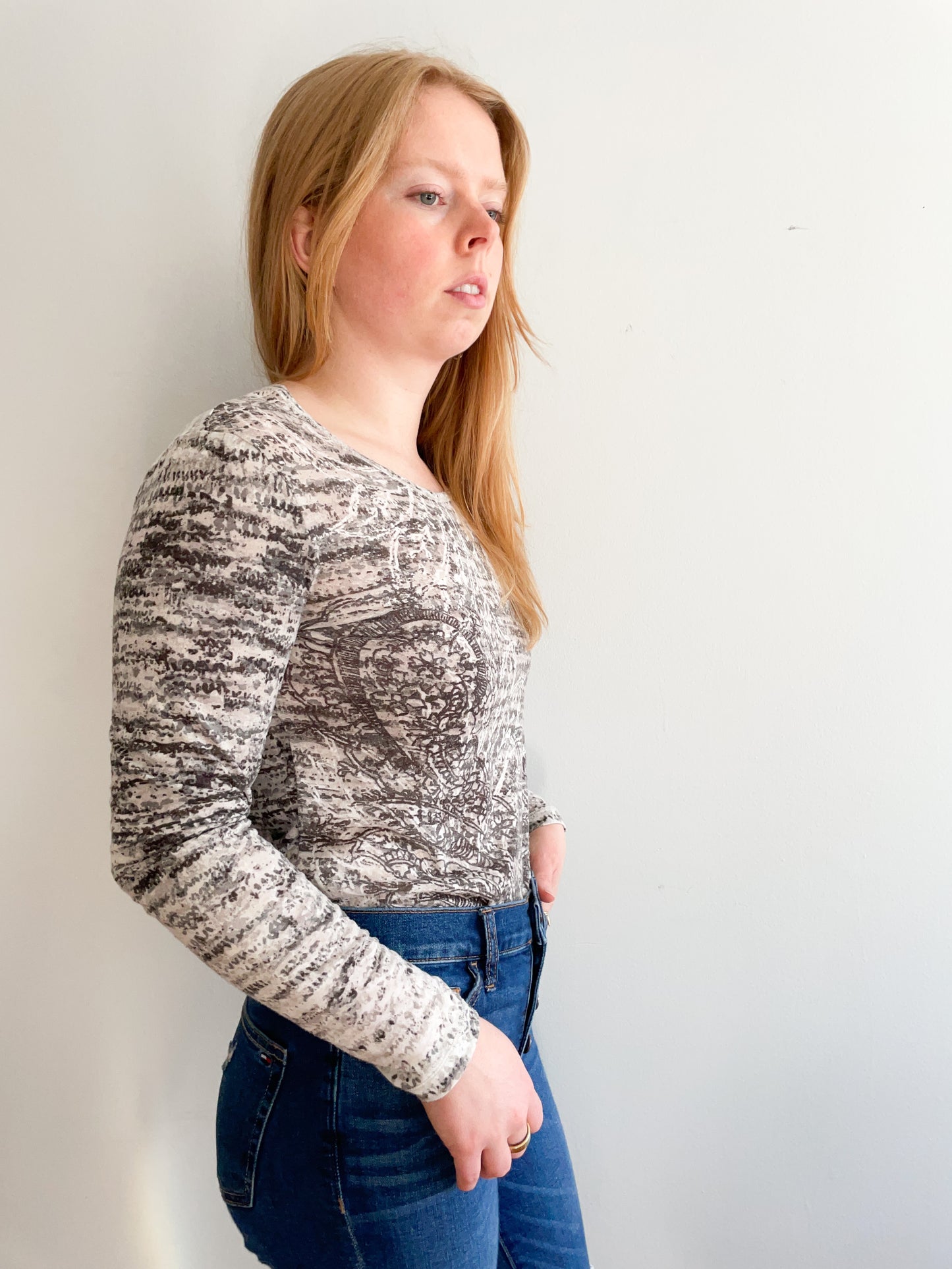Olsen Multi Grey Paisley Floral Graphic Long Sleeve Shirt - Size 6