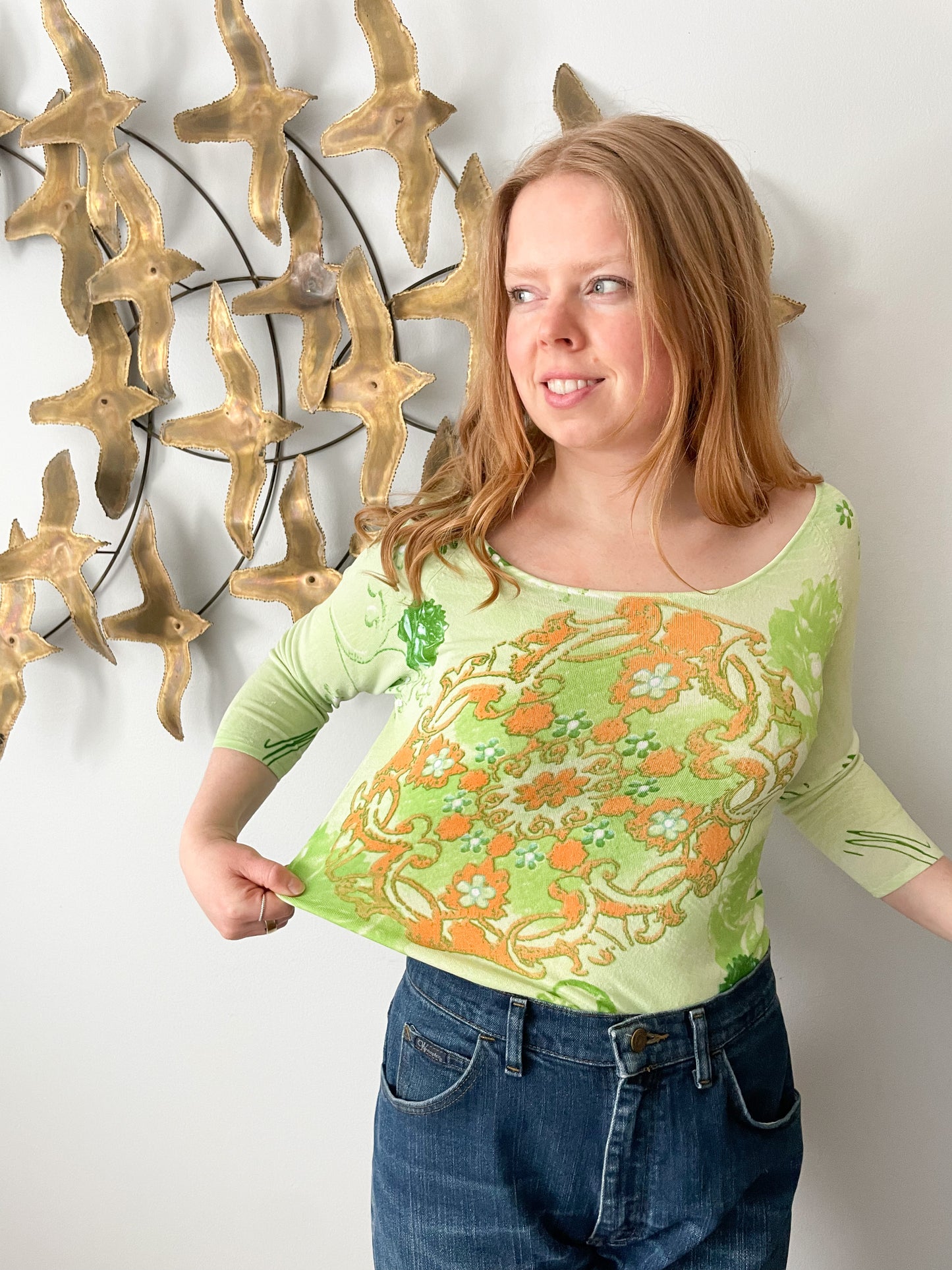 Pastel Green and Orange Floral Stretch Wide Neck 3/4 Top - M/L