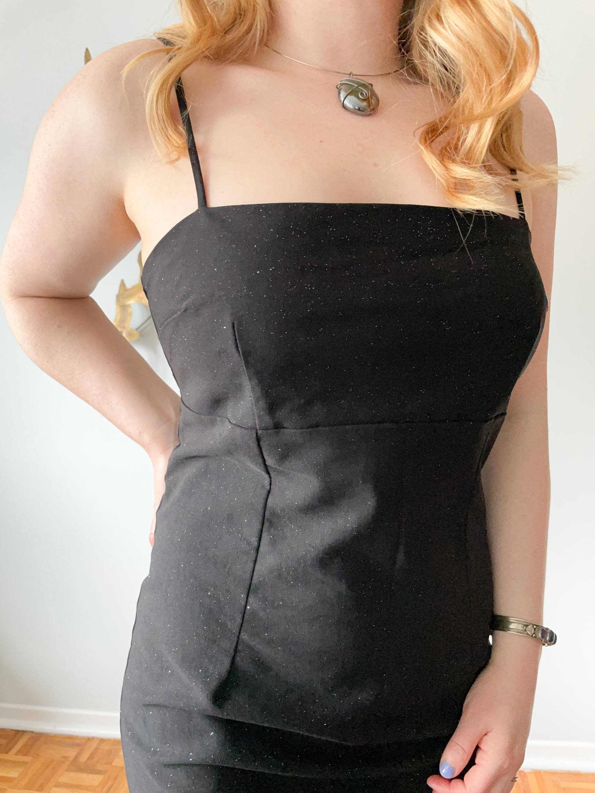 Vintage Beechers Brook Black Glitter Square Neck Spaghetti Strap Dress - Medium Vintage Beechers Brook Black Glitter Square Neck Spaghetti Strap Dress - Medium
