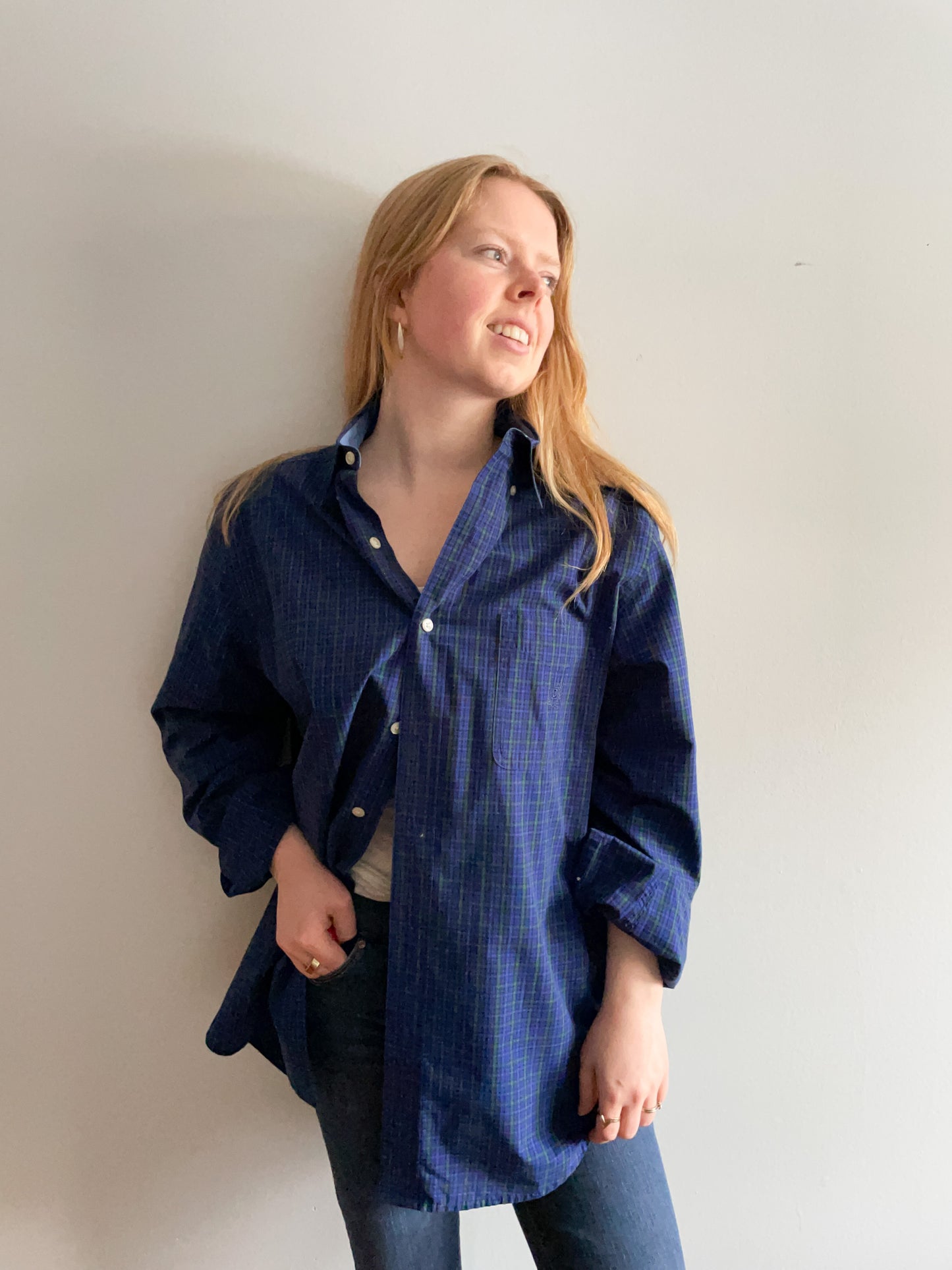 Chaps Navy Green Plaid Cotton Blend Button Down Men's Shirt - M/L
