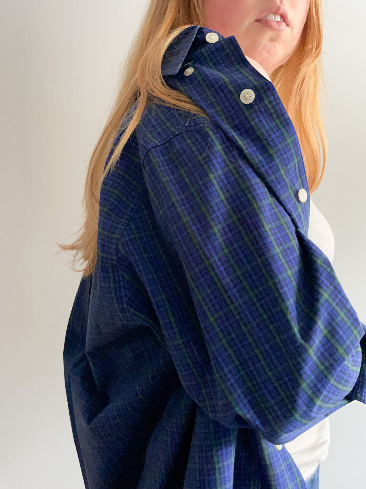 Chaps Navy Green Plaid Cotton Blend Button Down Men's Shirt - M/L