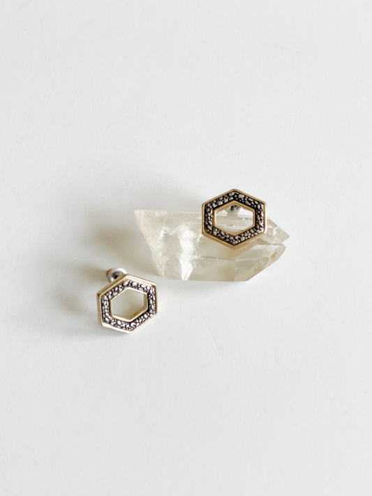 Gold Black Pebbled Octagon Cutout Stud Earrigs