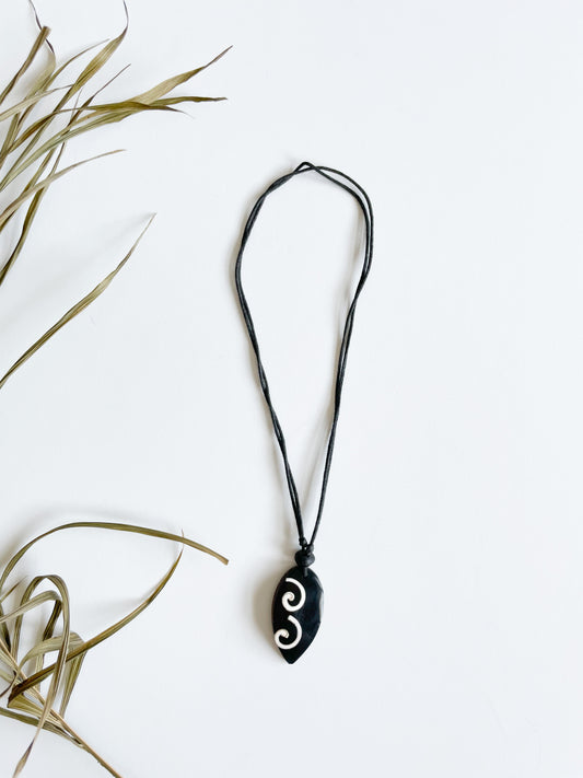 Boho Black Cord Adjustable Necklace with Black Swirl Pendant