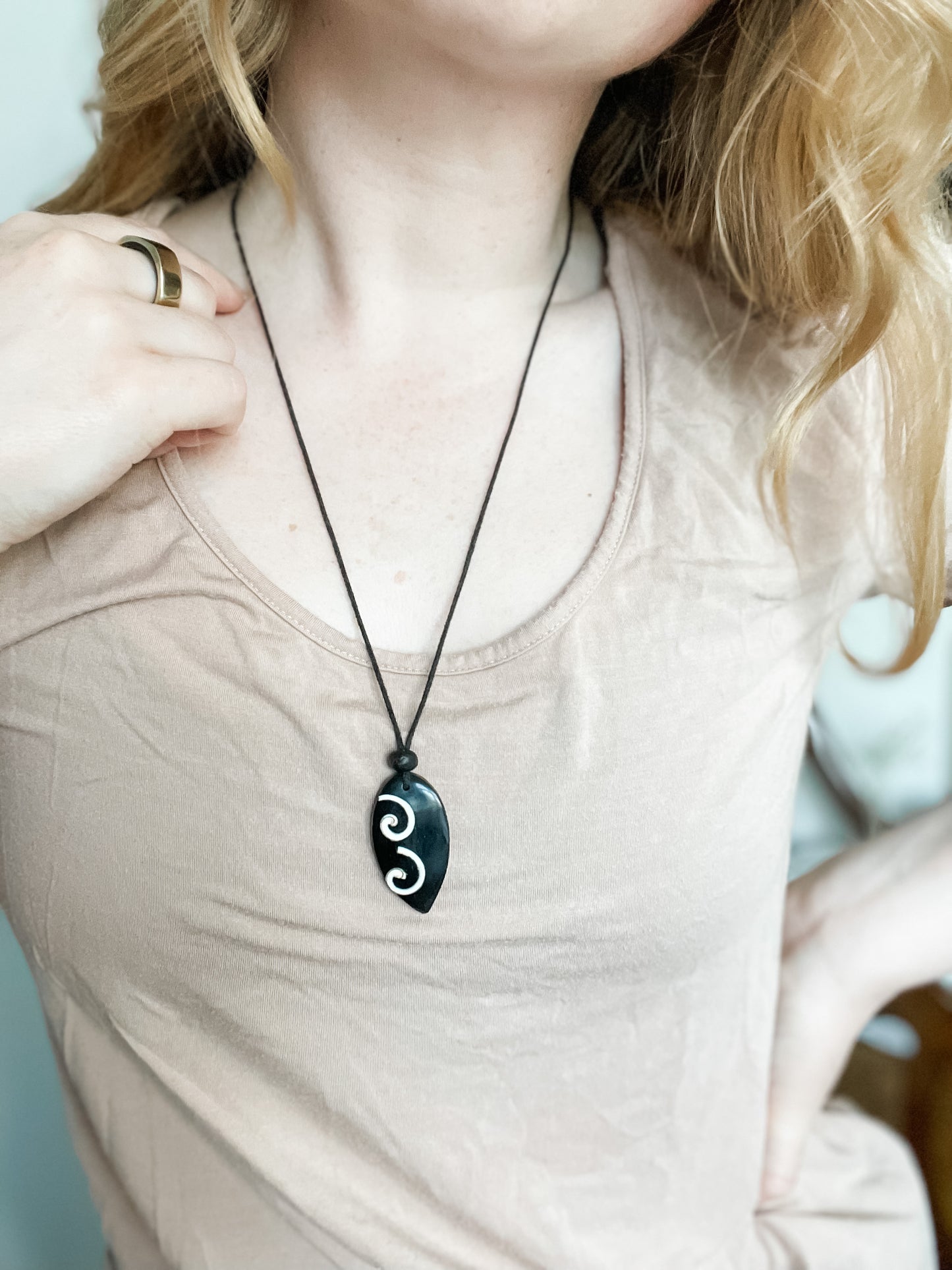 Boho Black Cord Adjustable Necklace with Black Swirl Pendant